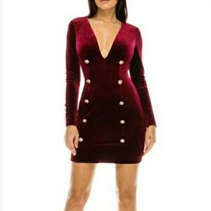 Long Sleeve Burgundy Velvet Bodycon Mini Dress